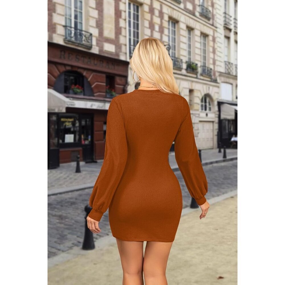 Ofeefan Women Caramel Puff Long Sleeve Crewneck Bodycon Ribbed Sweater Dress - Picture 4 of 5